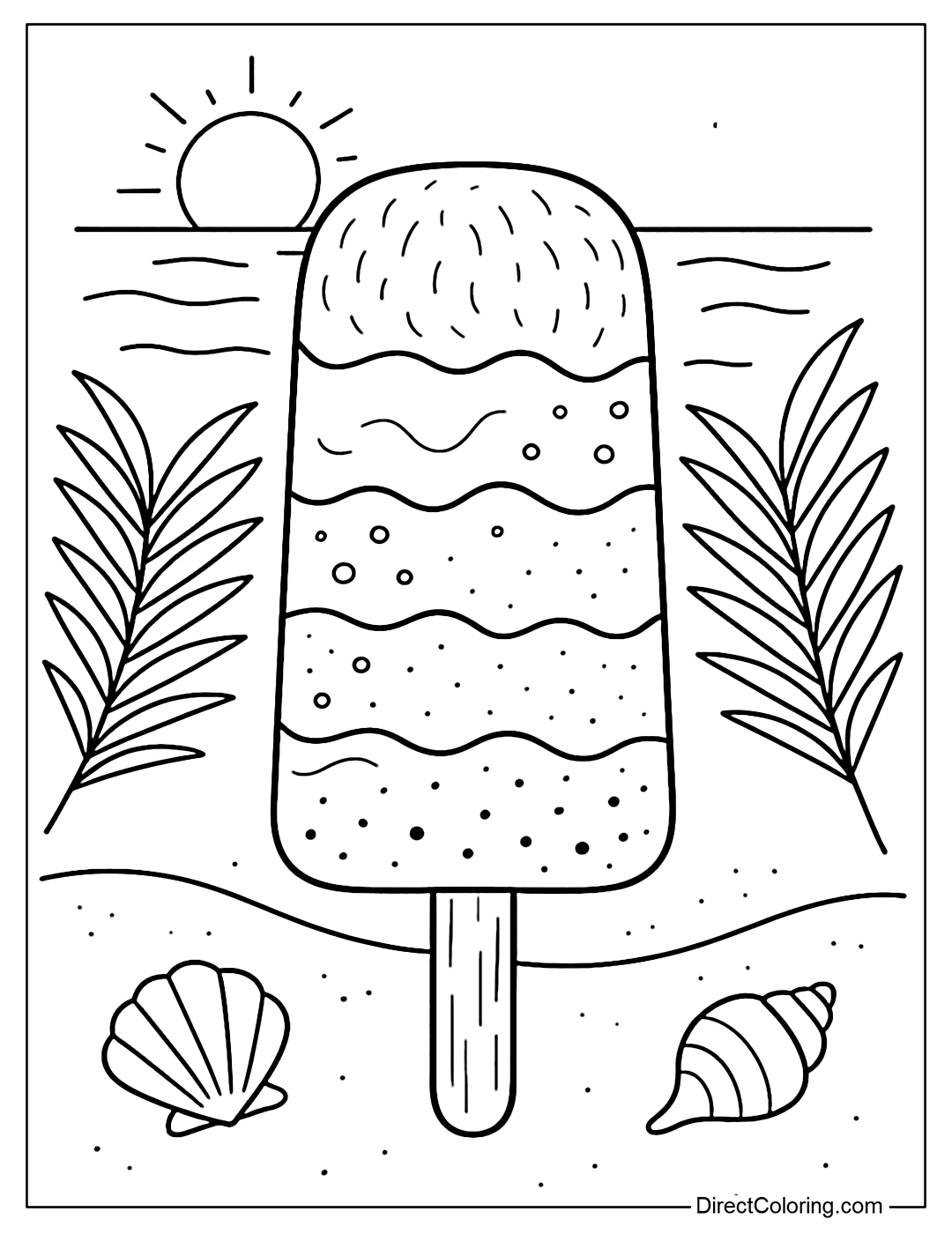 A wavy popsicle coloring page, three layers of coconut - mango - blueberry colors, palm leaves and small seashells.